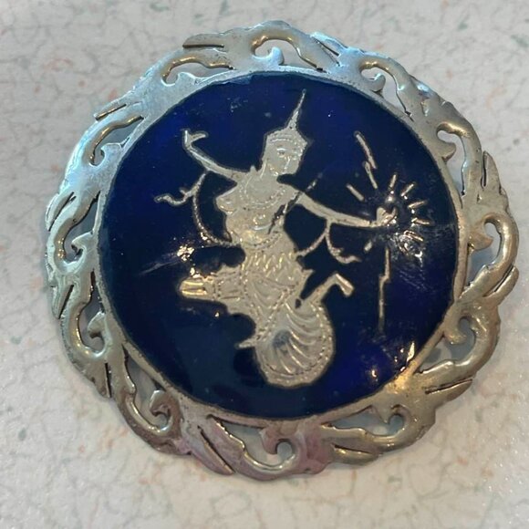 VTG 50s Sterling Silver Siam Mekhala Goddess of Lightening Brooch HTF Dark Blue - Picture 3 of 5